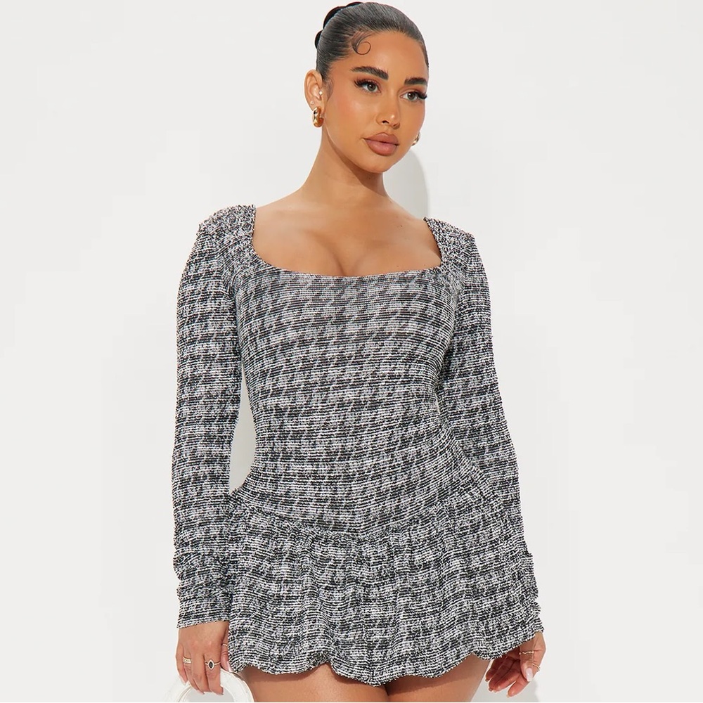 Fashion Nova Tweed Mini Dress Bubble Hem Black White Large $40 NWT Coquette